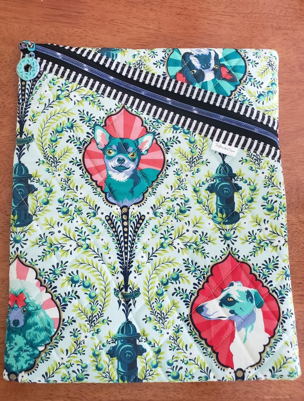 Quilted Quirky Dog Print Zipper Pouch in Teal & Coral Case Tablet Book Ipad